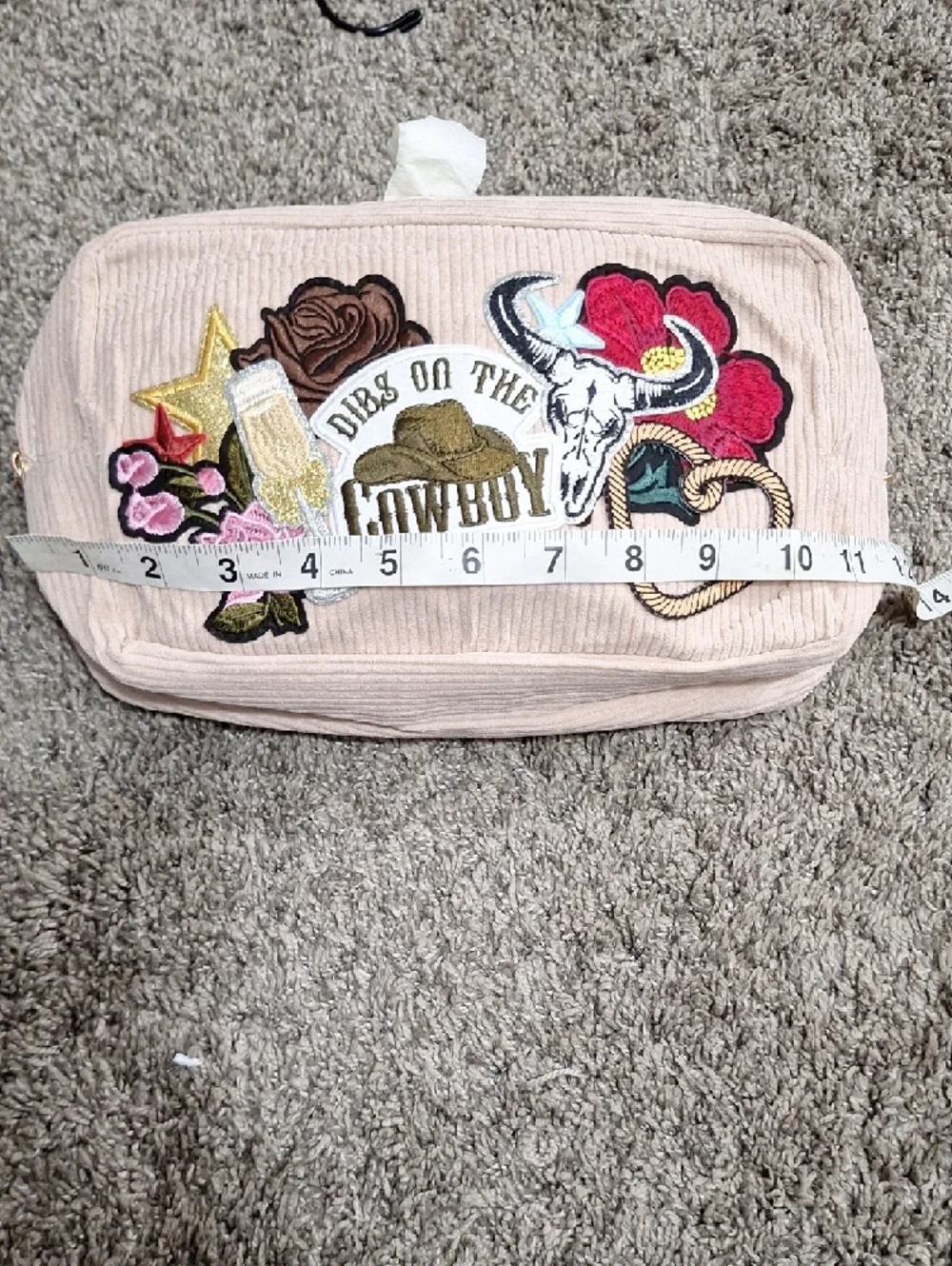 Blush Pink Embroidered Corduroy Zip Cosmetic Bag - 